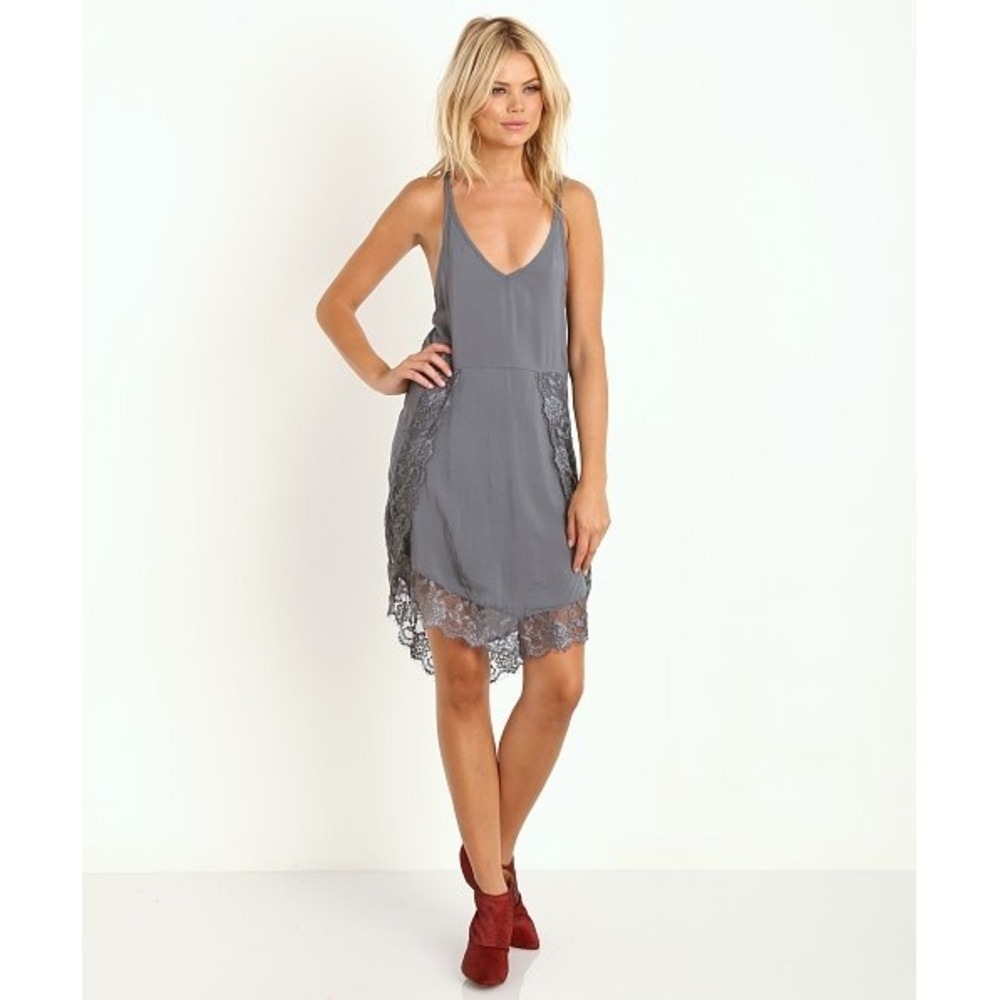 Intimately Free People Gray Lace Trim Slip Dress Tie Back Mini XS